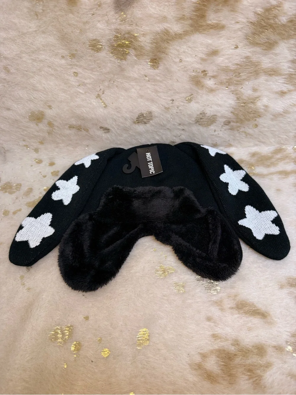 Hot Topic Bunny Star Ears Trapper Hat Black White Faux Fur NWT